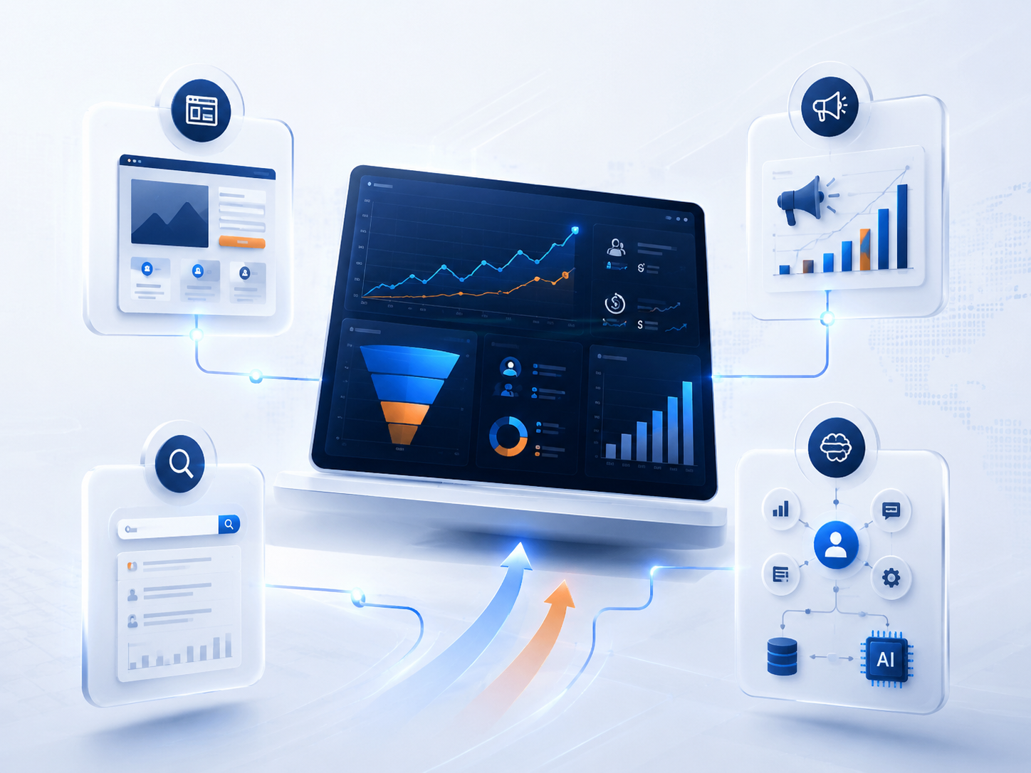 Dashboard de performance digital com crescimento de leads, funil de vendas e indicadores comerciais